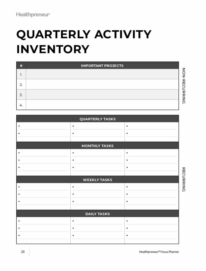 Activity Inventory Example Focus Planner – Healthpreneur